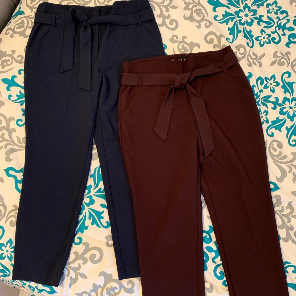 Paper bag waist pants, navy and maroon, size 12